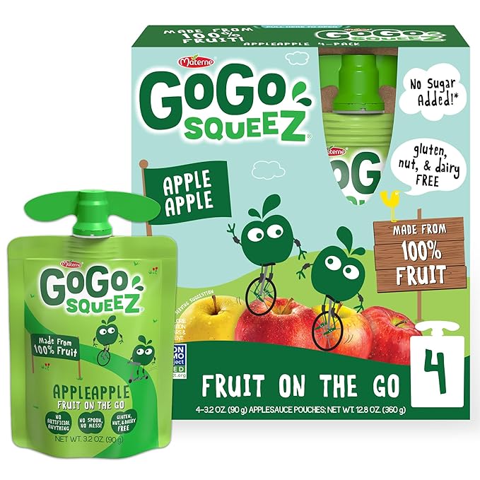 GoGo squeeZ Applesauce and Fruit Puree, Apple Apple, 3.2 oz (Pack of 4), Unsweetened Fruit Snacks for Kids, Gluten Free, Nut Free and Dairy Free, Recloseable Cap, BPA Free Pouches
