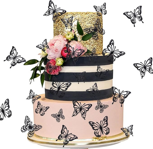 40 PCS Laser 3D Butterfly Cupcake Toppers Hollow Arts Cake Decorations for Baby Shower Wedding Fairy Birthday Party Supplies Wall Sticker Decoration Mixed Styles Black