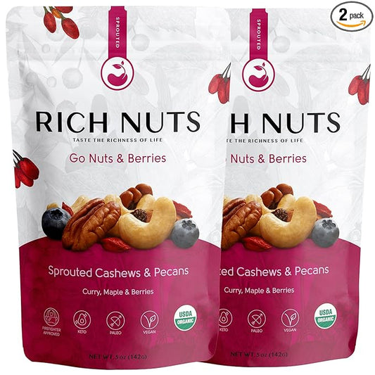 Rich Nuts Go Nuts & Berries Gourmet Sprouted Trail Mix | Includes Cashews, Pecans and Dried Berries | Vegan, Paleo and Keto | Non-Roasted, Dehyrdated, Germinated, Raw and Whole | 5 Oz Bag (2 Pack)