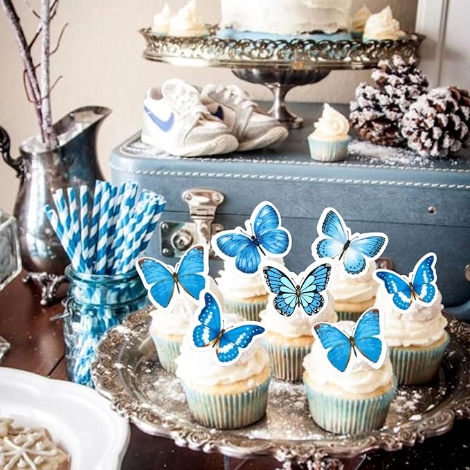 48Pcs Edible Butterfly Cupcake Toppers Double Layer Butterfly Decorations for Women's Happy Birthday Cake Decorations Party Decorations