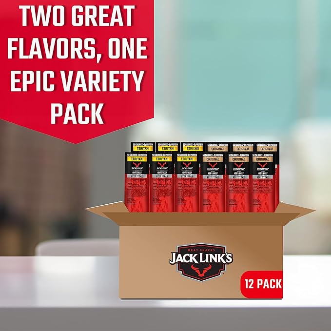 Jack Link's Beef Steak, Original and Teriyaki - Protein Snacks, Meat Snack, Good Source of Protein, Made with 100% Beef, Individually Wrapped Bulk Snack Pack - 0.8 Oz. (12 Count)