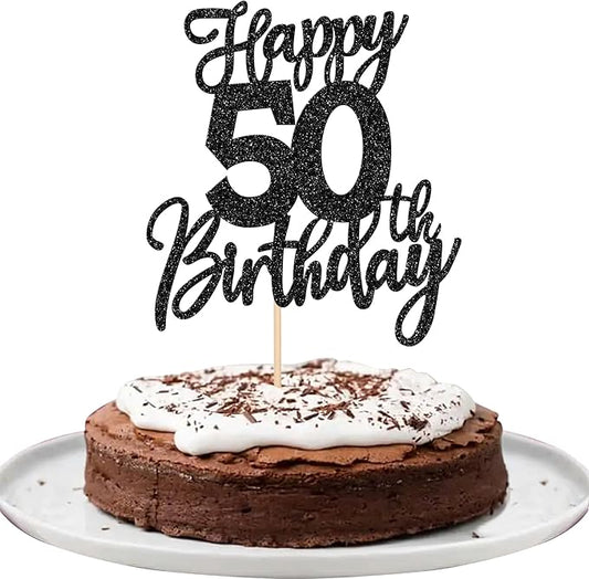 1 PCS Happy 50th Birthday Cake Topper Glitter Cheers to 50 Years Birthday Cake Pick Fifty Hello 50 Fabulous Cake Decoration for Happy 50th Birthday Anniversary Party Decorations Supplies Black