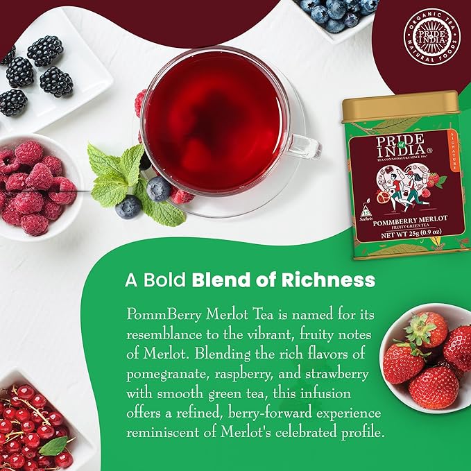 Pride of India | PACK of 6 - PommBerry Merlot Fruity Green Tea | 15 Pyramid Full Leaf Individually Wrapped Tea Bags | Tangy & Fruity Flavor | Vibrant & Uplifting Experience | Caffeine Free