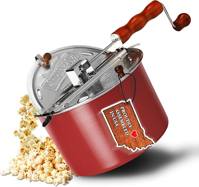 Original Whirley Pop Starter Pack - Wabash Valley Farms Popcorn Kit, Whirley Pop Popcorn Maker With 3 Movie Theater Popcorn Kits and 4 Movie Night Face Tubs, Gourmet Popcorn Gift Sets (Metal Gear-Red)