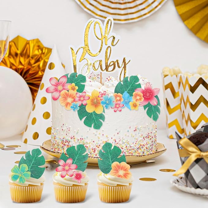 60 PCS Edible Flowers for Cupcakes Leaves and Flowers Hawaii Cupcake Toppers Tropical Turtle Leaves Flower Cupcake Picks Hawaiian for Hawaii Aloha Party Summer Jungle Theme Baby Shower