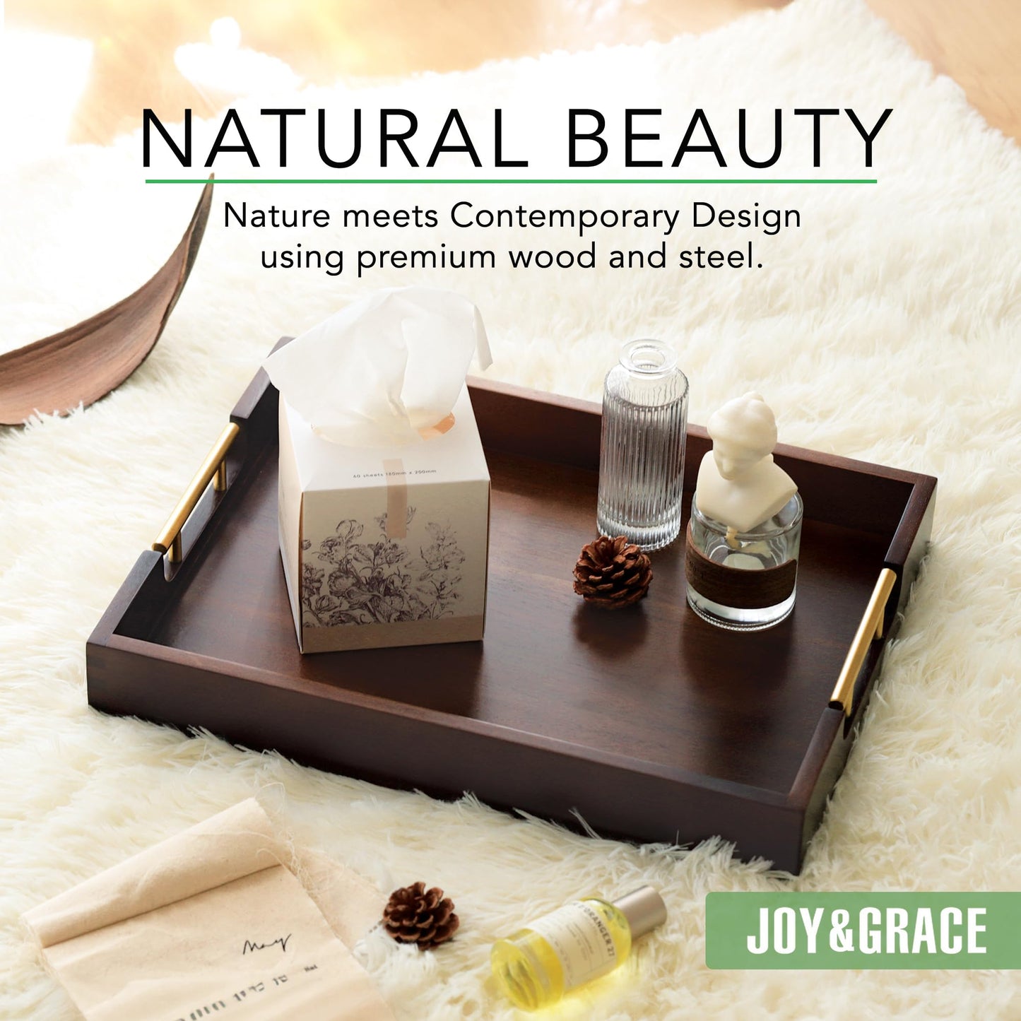 Joy&Grace Acacia Wood Ottoman Tray with Handles 16.7" x 12.8"
