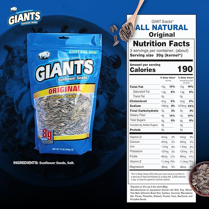 GIANTS Original Sunflower Seeds - Sunflower Seeds to Eat, Sunflower Seeds Bulk, Lightly Salted for Eating, Shelled, 8g Protein Per Serving - 12 oz Bag