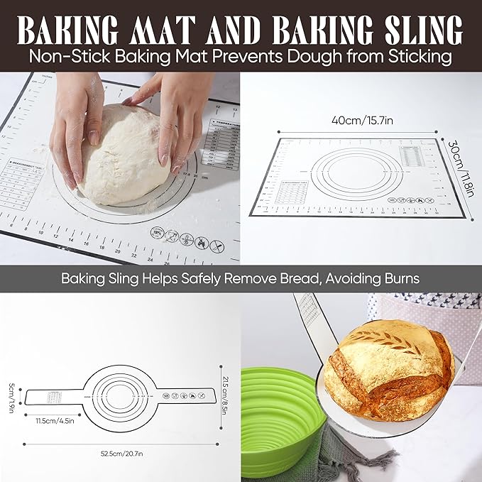 Sourdough Starter Kit with Jar ??Complete Sourdough Bread Baking Supplies for Beginners, Includes 2 Silicone Proofing Baskets Baking Mat Sour Dough Kit - Green