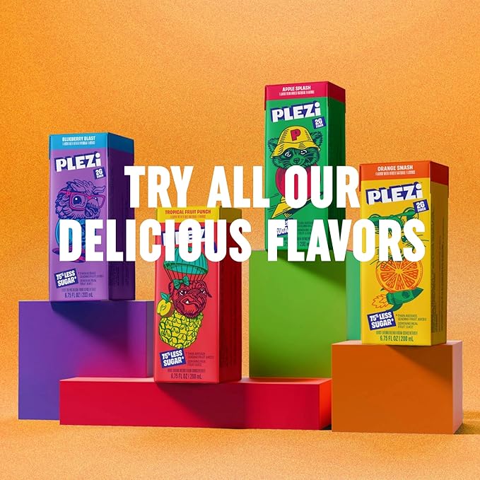 PLEZi Fruit Juice Boxes For Kids, Blueberry Blast ??Low Sugar Drinks with Dietary Fiber, Healthy Vitamin C, and Potassium Electrolytes ??6.75 Fl Oz (Pack of 32)