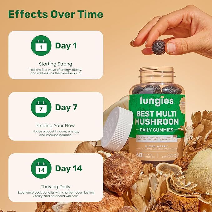 Fungies Multi Mushroom Gummies for Men & Women - Mushroom Supplement Includes Lion?™s Mane, Cordyceps, Reishi, Chaga, Shiitake, Maitake & Turkey Tail - Gelatin-Free, Gluten-Free & Vegan Gummy Vitamins