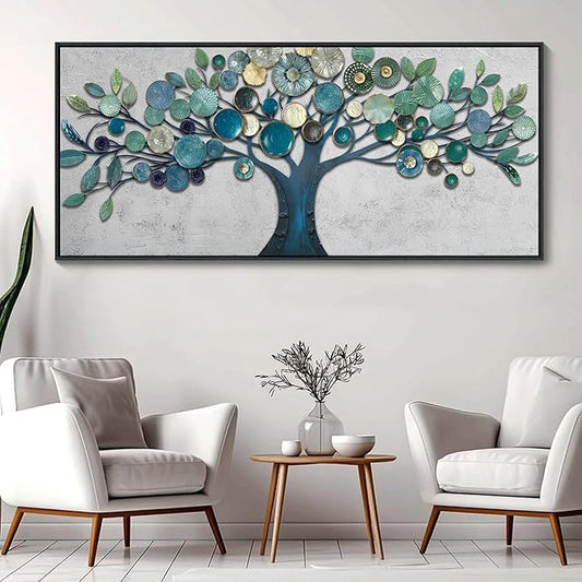 CHATYOUNG Extra Large Wall Art Office - Framed Blue Gold Leaves Gray Background Canvas Print Nature Wall Paintings Artwork for Living Room Bedroom Office Kitchen Home Wall Decor 71"x32"