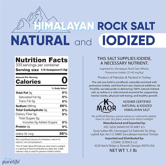Purelife Himalayan Salt Fine - White Iodized Salt, Kosher Certified | Premium Unrefined Gourmet Rock Salt, Extra Fine and Rich in Minerals for Enhanced Flavor - 1.1 lbs