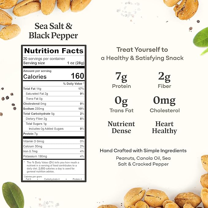 Belmont Peanuts Gourmet Sea Salt and Black Pepper Flavored Virginia Peanuts, 20 oz (1 Pack) ??Only 4 Simple Ingredients, No Preservatives, 7g Protein ??Salty, Peppery, Crunchy, Hand Seasoned Snack