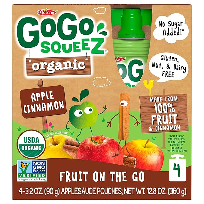 GoGo squeeZ Organic Applesauce and Fruit Puree, Apple Cinnamon, 3.2 oz (Pack of 48), Unsweetened Organic Fruit Snacks for Kids, Gluten Free, Nut Free and Dairy Free, Recloseable Cap, BPA Free Pouches