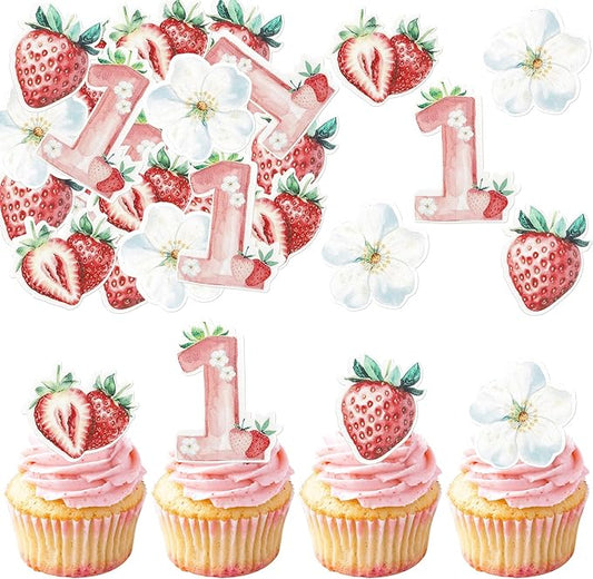 60 Pack Edible Sweet One Cupcake Toppers First Birthday Strawberry Flower Cake Toppers Rice Paper Wafer Paper Cake Picks for Fruit Baby Shower 1st Birthday Berry Sweet Kids Birthday Cake Decorations