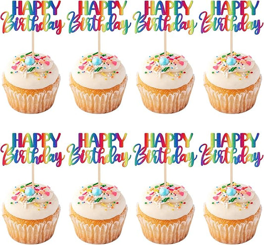 ZHUOWEISM 30 PCS Rainbow Happy Birthday Cupcake Toppers - Glitter Cupcake Picks for Celebrating Birthday & Anniversary Parties - Non-Edible Cake Decorations
