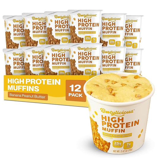 Bootylicious | High-Protein Muffin | 25g Protein, 7g Net Carbs, 2.32-2.75oz Cup, 12-Pack (Banana Peanut Butter)