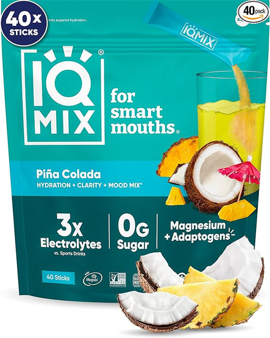 IQMIX Hydration Electrolyte Powder ??4-in-1 Formula for Hydration, Mental Clarity, Mood and Recovery ??Sugar-Free Drink Mix, Keto, Magnesium L-Threonate, Lion?™s Mane ??40 Count Piña Colada