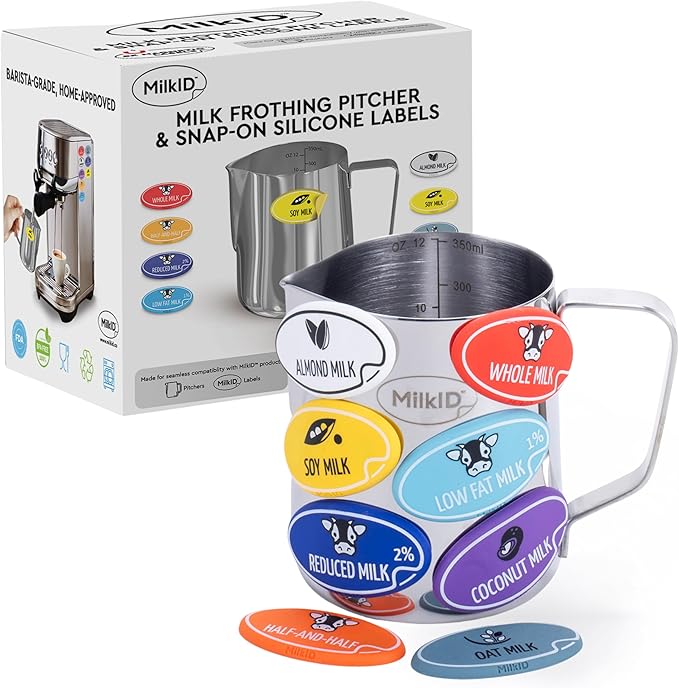 Milk Frothing Pitcher with 8 Allergen Silicone Snap-On Labels | Must-Have Barista Tool | Coffee Bar Accessories & Espresso Accessories Kit | (12oz / Pitcher + Labels)