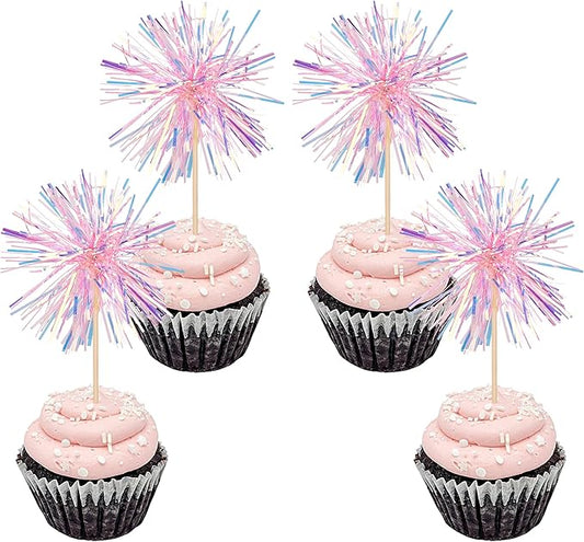 30 PCS Foil Firework Cupcake Toppers Happy Birthday Cupcake Toppers Sparkle Tinsel Flower Drink Stirrers Cocktail Fruit Toothpicks for Valentine's Day Baby Shower Party Cake Decor Supplies Pink