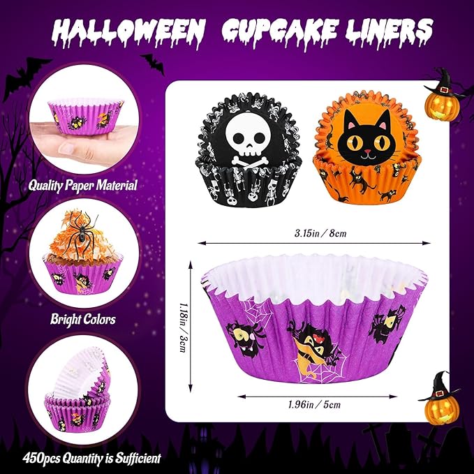 SANNIX 450pcs Halloween Cupcake Liners, Ghost Pumpkin Spider Baking Cups Cupcake Wrappers Paper Wraps Muffin Liners for Halloween Party Candy Cupcake Decorations Supplies(9 Designs)