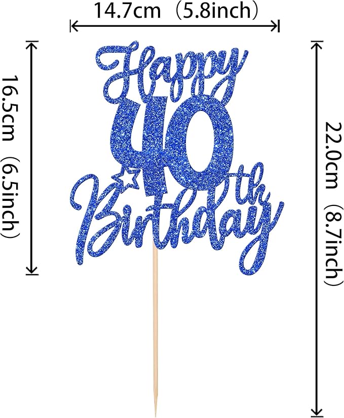 1 PCS Happy 40th Birthday Cake Topper Glitter Cheers to 40 Years Birthday Cake Pick Forty Hello 40 Fabulous Cake Decoration for Happy 40th Birthday Anniversary Party Decorations Supplies Blue