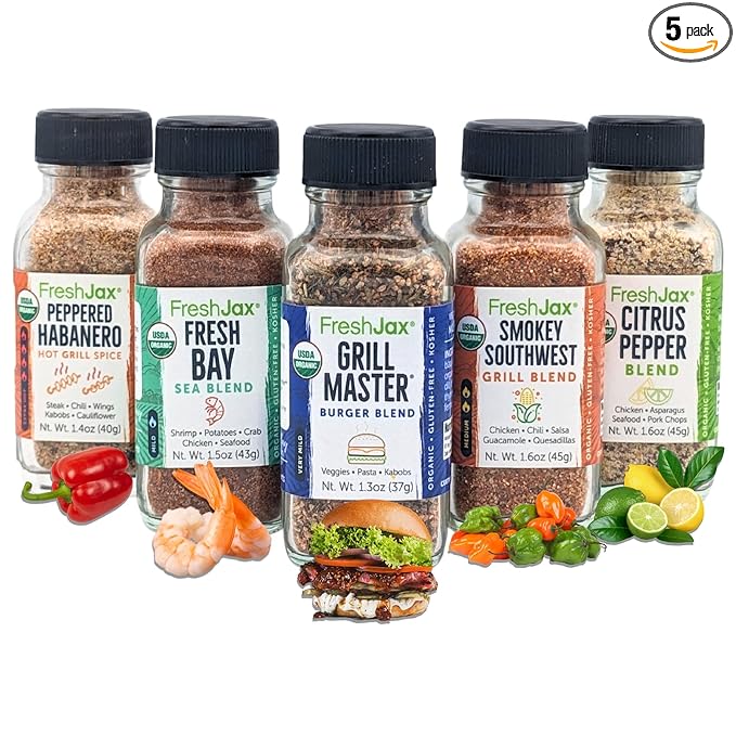 FreshJax Grill Seasoning Gift Set | 5 Sampler Sized Organic Grilling Spices | Grilling Christmas Gifts for Men | BBQ Grill Spices and Seasoning Sets Packed in a Giftable Box