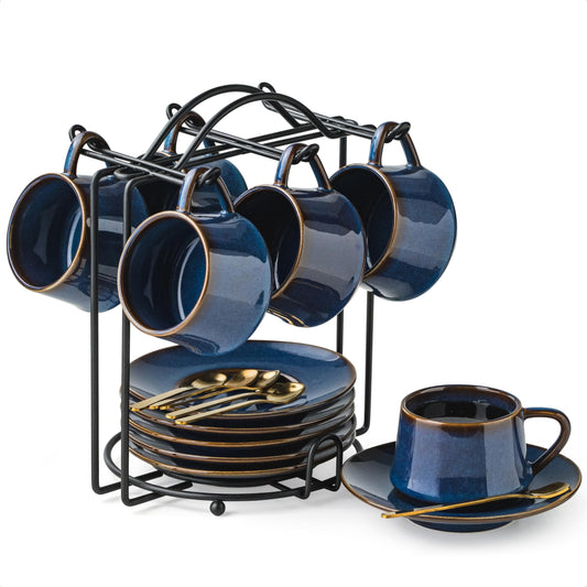 YHOSSEUN Espresso Cups Set of 6, 4 OZ Expresso Shots Cup with Sacuer, Blue