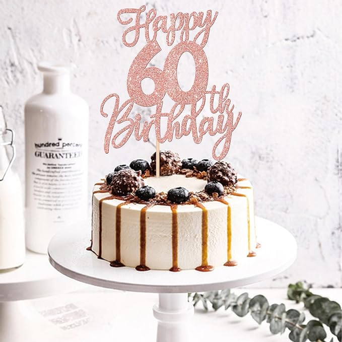 1 PCS Happy 60th Birthday Cake Topper Glitter Cheers to 60 Years Birthday Cake Pick Sixty Hello 60 Fabulous Cake Decoration for Happy 60th Birthday Anniversary Party Supplies Rose Gold