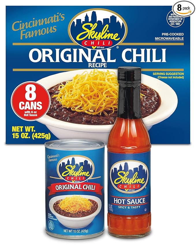 Skyline Chili Bundle - 8-Pack of 15oz Cans Original Chili, (1) 6oz Skyline Hot Sauce Bottle - Authentic Cincinnati Ground Beef Chili with No Beans - Ready to Heat Meal for Hot Dogs, Spaghetti & More
