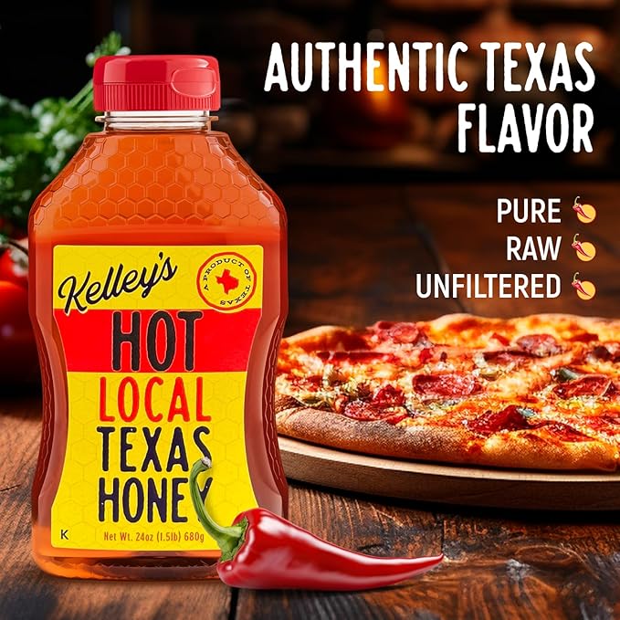 Kelley's Hot Honey, 24 Oz – 100% Unfiltered Raw Honey Infused with Chili Pepper – Rich Flavor for BBQ, Fried Chicken, Pizza, Charcuterie Board, Cornbread