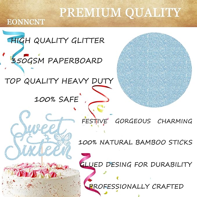 Sweet Sixteen Cake Topper - Blue Glitter Butterfly Theme Sweet 16 Birthday Cake Decorating Supplies for Girls, Sweet 16 Cake Topper for Happy 16th Birthday Anniversary Party Supplies Photo Booth Props