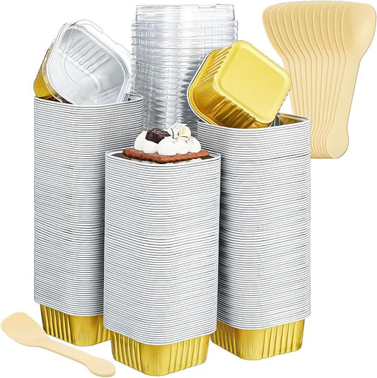 Hushee 600 Pcs Aluminum Foil Baking Cups with Lids and Spoons 5oz Disposable Ramekins Dessert Muffin Creme Brulee Cupcake Liners Containers for Wedding Birthday Christmas Party(Square,Gold)