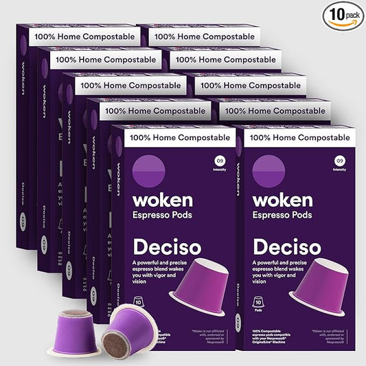 WOKEN COFFEE Compostable Nespresso Pods - Deciso Dark Roast Italian Espresso Coffee Capsules Compatible With Nespresso Coffee Machine (100 Pod Count, 10 Boxes)