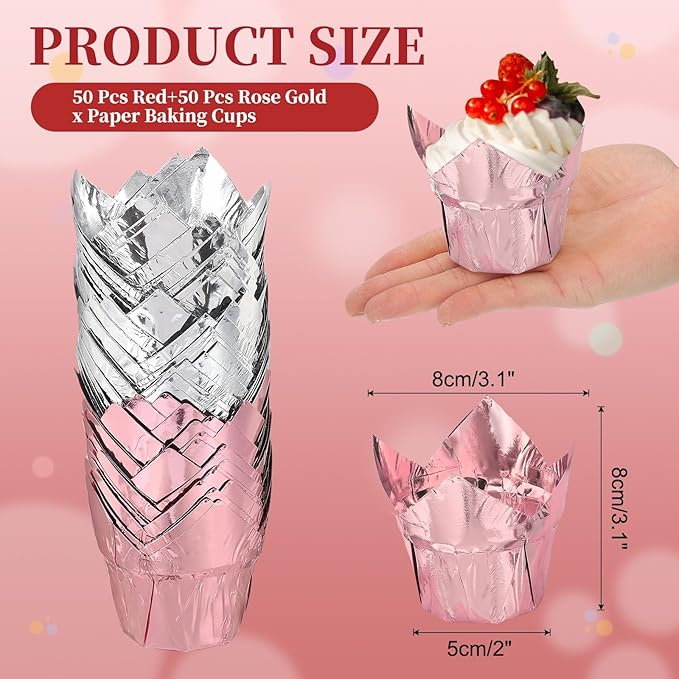 uxcell 100 Pcs Tulip Cupcake Liners, Muffins Liners Aluminum Foil Cupcake Wrappers Baking Cups Muffins Liners for Wedding Birthday Party Supplies, Rose Gold/Silver
