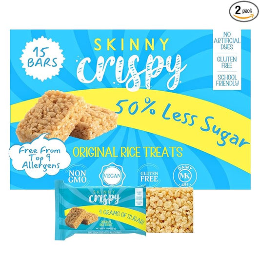 Skinny Crispy Original Vanilla Rice Treats ??Low Sugar (4g), Vegan, Gluten-Free, Dairy-Free, Non-GMO, Top 9 Allergen-Free, Healthy Snack Bars, 15 Count