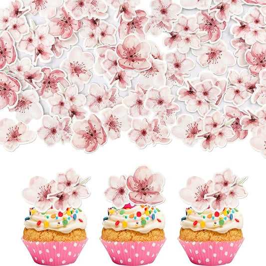 60 Pack Edible Cherry Blossom Cupcake Toppers Cherry Flowers Cake Toppers Rice Paper Wafer Paper Cake Picks for Cherry Blossom Bridal Shower Baby Shower Kids Birthday Cake Decorations Color 2