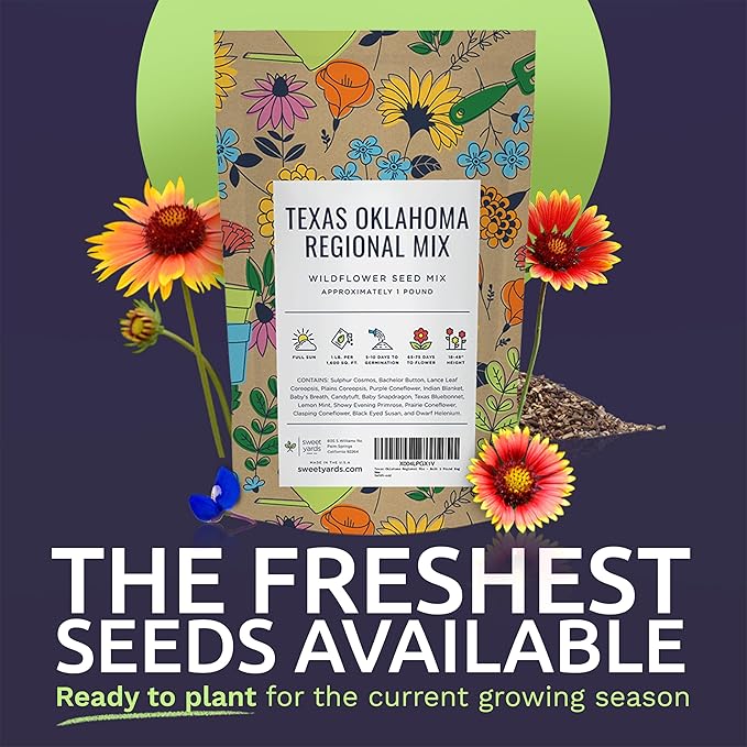Texas Oklahoma Regional Mix Seeds for Planting - Bulk 1 Pound Bag - Over 240,000 Native Seeds - Open Pollinated and Non GMO