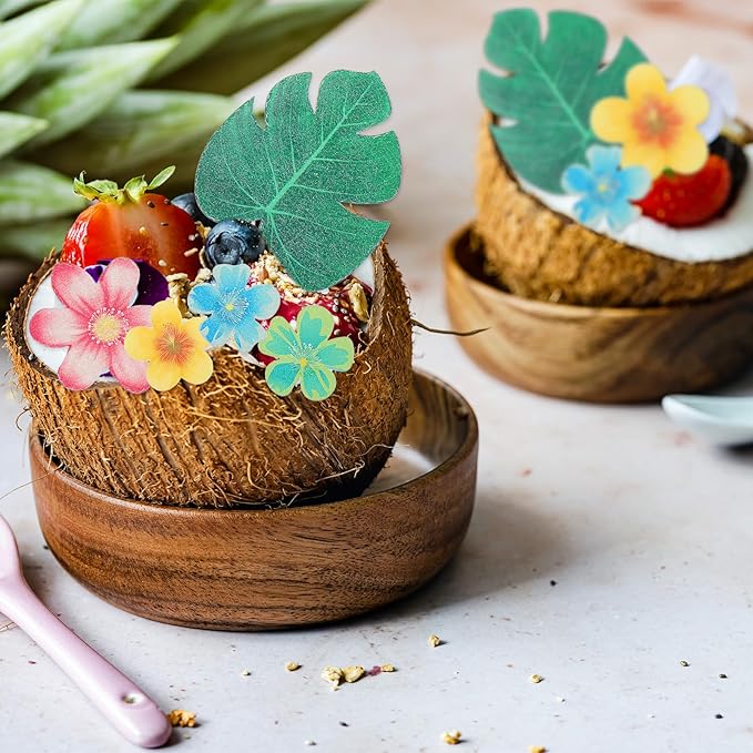 60 PCS Edible Flowers for Cupcakes Leaves and Flowers Hawaii Cupcake Toppers Tropical Turtle Leaves Flower Cupcake Picks Hawaiian for Hawaii Aloha Party Summer Jungle Theme Baby Shower