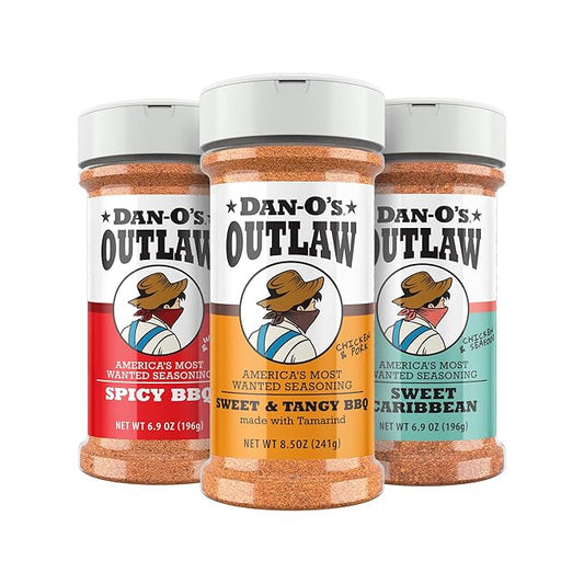 Dan-O's Outlaw Seasoning 3 Bottle Combo - Sweet & Tangy BBQ, Spicy BBQ, and Sweet Caribbean