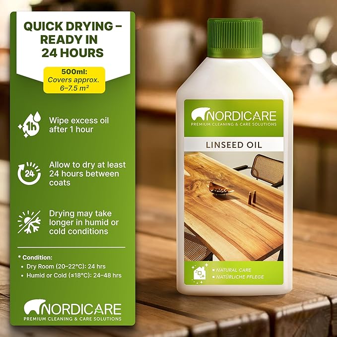 Nordicare Linseed Oil for Wood - 100% Pure & Natural Linseed Oil for Entire Indoor Area - Food-Safe Raw Linseed Oil for Wood Furniture - Underlines the Original Wood Structure - Made in Denmark 16.9oz