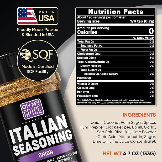 Italian Seasoning Blend Onion Powder Mix - Gluten Free & Low Sodium Pizza Seasoning for Bruschetta & Spaghetti. Mediterranean Sweet Onion Herbs for Italian Food. Sausage & Pizza Toppings Spices. 4.7oz