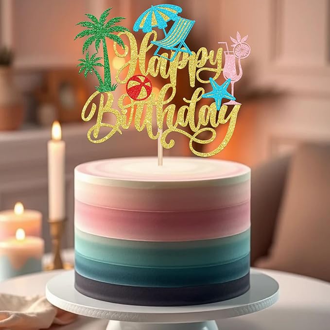 Rsstarxi 1 Pack Summer Beach Happy Birthday Cake Topper Chair Ball Umbrella Palm Tree Cupcake Picks Pool Birthday Cake Decorations for Summer Hawaiian Birthday Party Supplies Gold