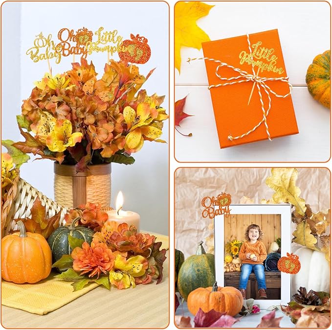 24pcs Pumpkin Cupcake Toppers Glitter Baby Cupcake Picks for Thanksgiving Themed Baby Shower Birthday Cake Decorations Party Supplies