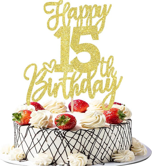 1 PCS Happy 15th Birthday Cake Topper Glitter Cheers to 15 Years Birthday Cake Pick Sweet 15 Fabulous Cake Decoration for Happy 15th Birthday Anniversary Theme Party Decorations Supplies Gold