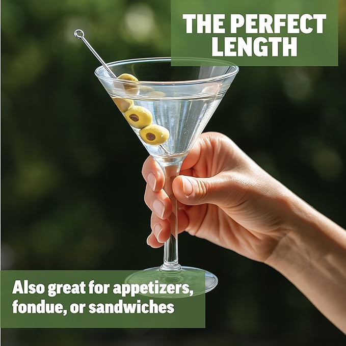 Zenlogy 5 inch Stainless Steel Picks (set of 8) and Swizzle Stick - Ideal Olive Skewers - Will Not Drown in Your Martinis, Cocktails, and Bloody Mary