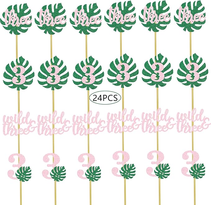 Safari Wild Three Cupcake Topper 3rd Birthday Party Decoration For Girl Jungle Glitter Tropical Leaf Food Picks Pink 3