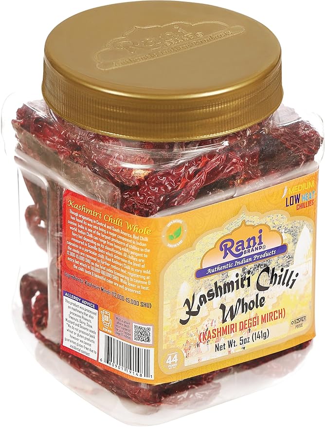 Rani Kashmiri Chilli Whole (Deggi Mirch, Low Heat) 5oz (141g) PET Jar ~ Natural | Salt-Free | Vegan | No Colors | Gluten Friendly | NON-GMO | Kosher | Indian Origin