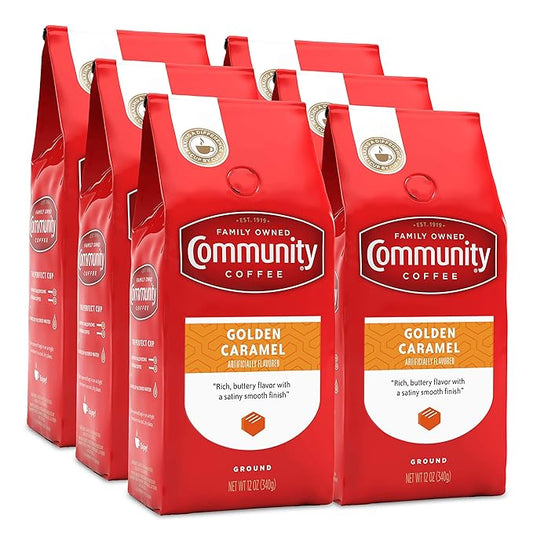 Community Coffee Golden Caramel Flavored 72 Ounces, Medium Roast Ground Coffee, 12 Ounce Bag (Pack of 6)