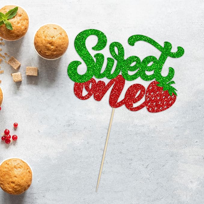 1 Pack Sweet One Cupcake Topper Glitter First Birthday Strawberry Cake Pick for Fruit Baby Shower 1st Birthday Berry Sweet Party Cake Decorations Supplies Green